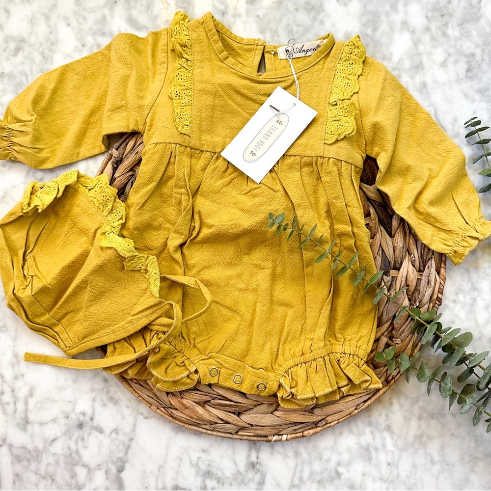 Boutique Baby Mustard Yellow Long Sleeve Romper + Matching Bonnet